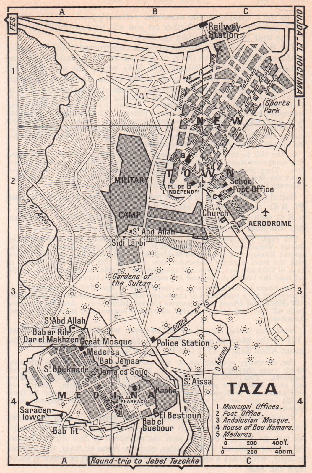Taza vintage town city tourist plan. Morocco 1966 old vintage map chart